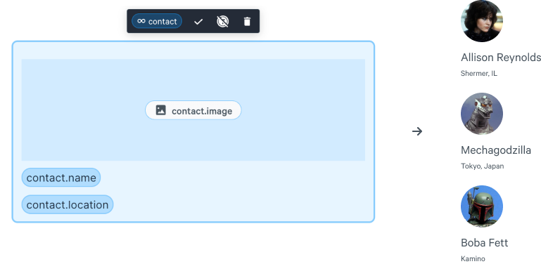 Repeating content in the editor, and the output result showing a list of contacts